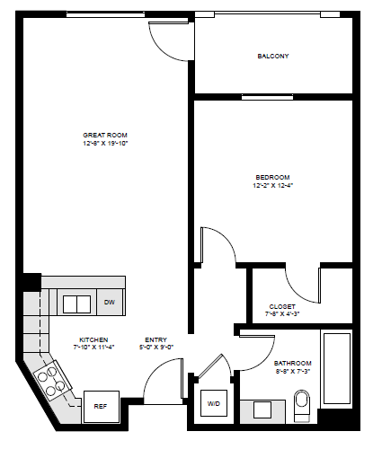 Floor plan for 1 bed, 1 bath, 746 sqft